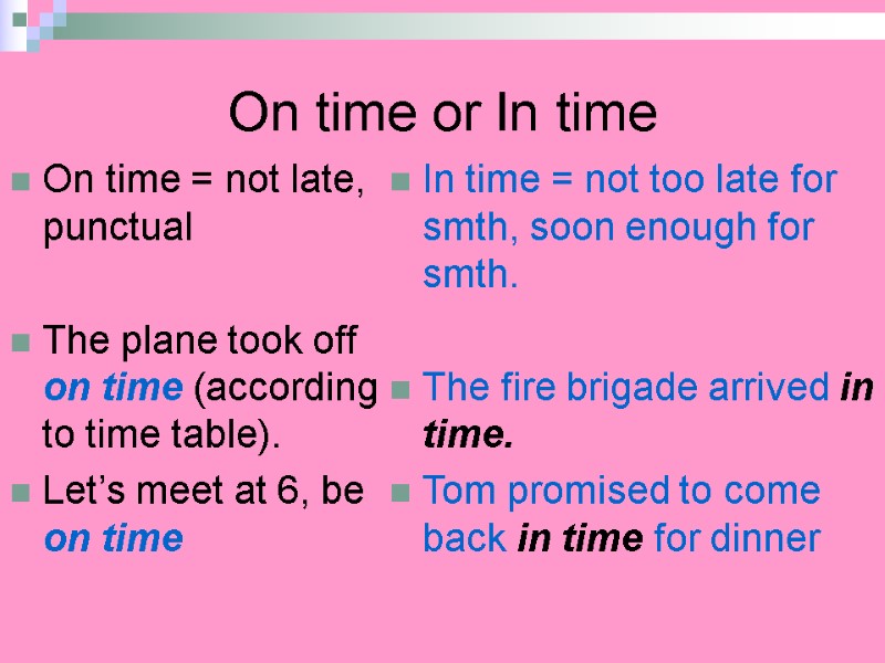 On time or In time On time = not late, punctual  The plane